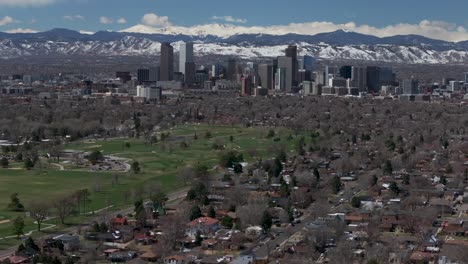 Ciudad-Parque-Pabellón-Campo-De-Golf-Centro-Denver-Colorado-Antena-Zumbido-Ferril-Lago-Barrio-Primavera-Monte-Cielo-Azul-Evans-Rango-Frontal-Montañas-Rocosas-Estribaciones-Rascacielos-Durante-El-Día-Soleado-Adelante-Revelar