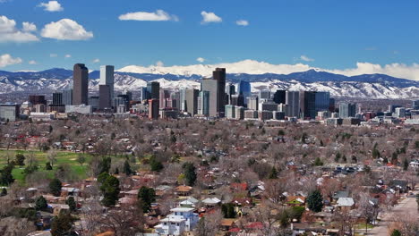 Ciudad-Parque-Campo-De-Golf-Centro-Denver-Colorado-Aéreo-Drone-Barrio-Calles-Primavera-Monte-Cielo-Azul-Evans-Front-Range-Montañas-Rocosas-Estribaciones-Rascacielos-Ferril-Lago-Durante-El-Día-Soleado-Nubes-Hacia-Arriba