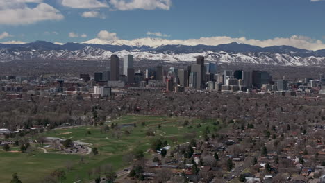 City-Park-Golf-Course-Downtown-Denver-Colorado-aerial-drone-Spring-Mount-Blue-Sky-Evans-Front-Range-Rocky-Mountains-foothills-skyscrapers-neighborhood-streets-Ferril-Lake-daytime-sunny-clouds-down