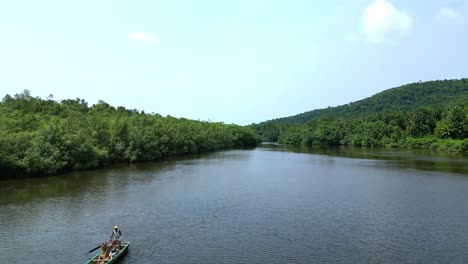Aerial-view-from-a-boat-tour-with-two-ladies-through-mangrove-forest-at-Malanza-River-at-South-of-Sao-Tome,Africa