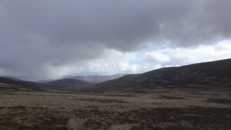 Cairngorms-National-Park-Scotland,-Low-Flying-Aerial-View,-Cloudy-Day