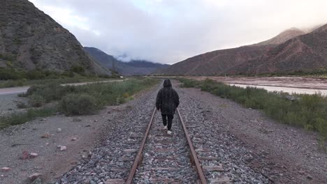 Toma-De-Drone-De-Un-Hombre-Caminando-Sobre-Las-Vías-Del-Tren-Turístico.