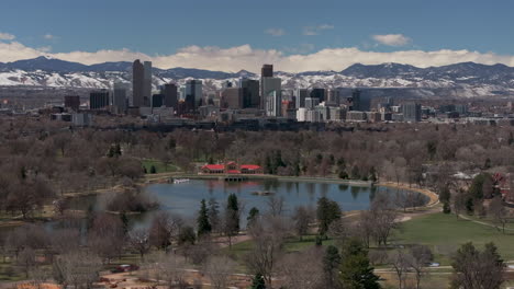 City-Wash-Park-Downtown-Denver-Colorado-Spring-Mount-Blue-Sky-Evans-Aerial-drone-USA-Front-Range-Rocky-Mountains-foothills-skyscrapers-neighborhood-Ferril-Lake-daytime-sunny-clouds-circle-right
