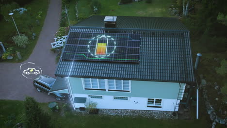 Elektroauto-Und-Solarmodule-Mit-Visualisierung-Der-Ladebatterie-In-Einem-Privathaus