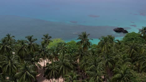 Drone-flyover-tropical-trees-toward-to-turquoise-colored-water-beach-in-São-Tomé-e-Principe-Island