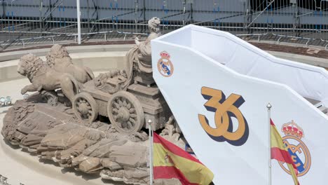 At-Cibeles-Square,-the-Fountain-of-Cibeles-is-prepared-for-Real-Madrid-players-to-celebrate-their-36th-La-Liga-championship-in-Madrid,-Spain