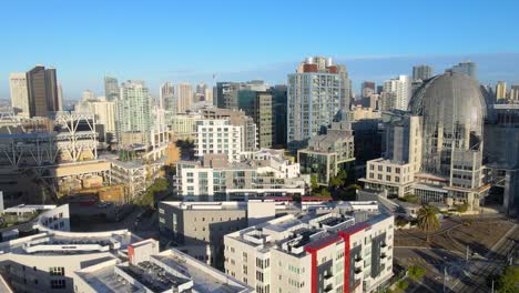 Petco-Park-and-San-Diego-Central-Library-in-downtown,-aerial-drone-view