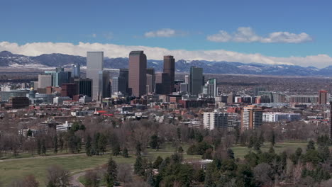 Stadtpark-Denver-Colorado-Bügeleisen-Felsbrocken-Luftdrohne-USA-Front-Range-Bergausläufer-Landschaft-Der-Innenstadt-Wolkenkratzer-Wash-Park-Ferril-See-Sonnig-Wolken-Nachbarschaft-Autos-Verkehr-Grün-Nach-Oben