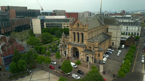 Aerial-shot-of-St-Anne's-Cathedral-in-Belfast's-Cathedral-Quarter-in-Northern-Ireland