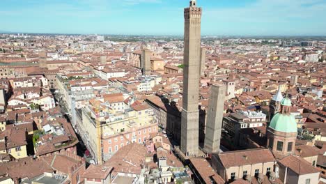 Two-Towers-Bologna-Italy-approaching-aerial-view