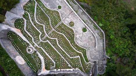 Top-down-aerial-of-Partisan-cemetery-memorial-in-Mostar,-Bosnia-and-Herzegovina