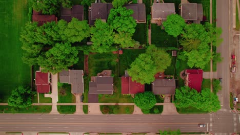 Top-down-aerial-of-the-suburban-landscape-of-Arlington-Heights-in-Illinois,-USA,-highlighting-the-essence-of-tranquil-community-living