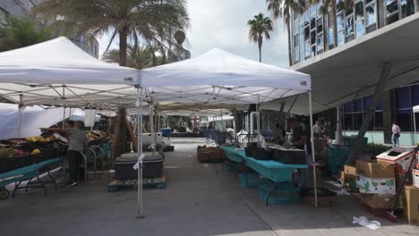 Outdoor-Markt-Setup-In-Miami-Beach,-Mit-Zelten,-Tischen-Und-Kisten