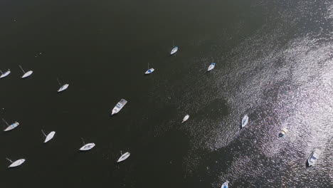 Aerial-flyover-of-white-sailboats-anchored-in-Botafogo-Bay-in-Rio-de-Janeiro