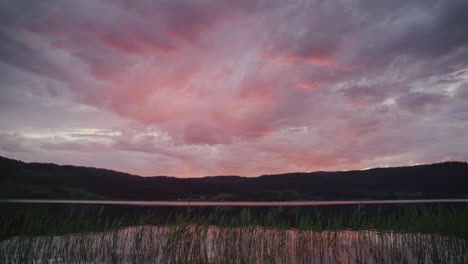 Pink-sunset-sky-reflected-in-a-still-lake-at-night