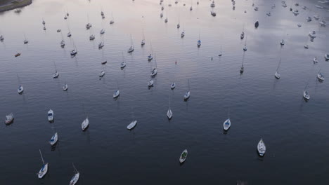 Slow-aerial-flyover-of-anchored-sailboats-in-the-Botafogo-Bay-in-Rio-de-Janeiro-in-the-twilight-of-sunrise