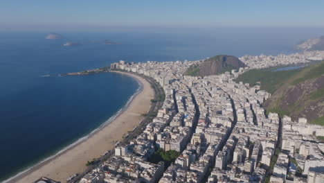 Wide-aerial-footage,-rotating-around-the-neighborhood-of-Copacabana-Beach-in-Rio-de-Janeiro,-Brazil