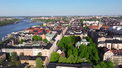 Beautiful-Aerial-View-Above-Kungsholmen-Island,-Stockholm,-Sweden