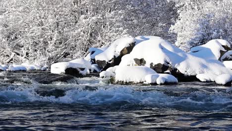 Vergrößerte-Zeitlupenansicht-Von-Eisigen-Stromschnellen-Und-Schneebedeckten-Felsen-In-Einer-Winterlandschaft