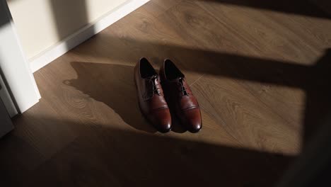Pair-of-brown-dress-shoes-placed-on-a-wooden-floor,-illuminated-by-sunlight