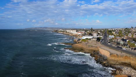 San-Diego-cityscape-with-streets-on-coastline-of-Pacific-ocean,-aerial-view