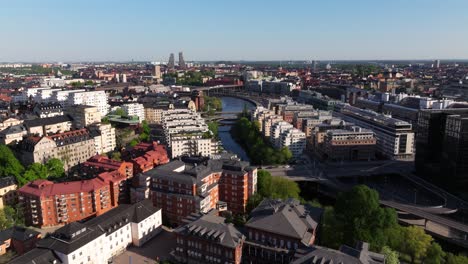 Aerial-Boom-Shot-Reveals-Klara-Sjö-Canal-in-Stockholm,-Sweden-on-Beautiful-Day