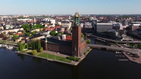 Stockholm-City-Hall-on-Beautiful-Summer-Day-in-Sweden---Orbiting-Drone-Shot