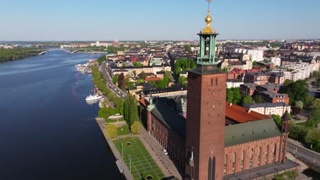 Forward-Drone-Shot-Above-Stockholm-City-Hall-in-Sweden's-Capital-City