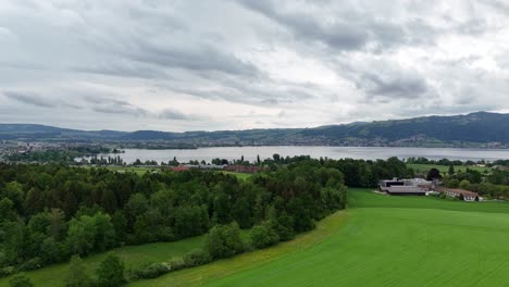 Malerische-Luftaufnahme-Von-üppigen-Grünen-Feldern-Und-Wäldern-Mit-Einem-See-Und-Bergen-In-Hünenberg,-Schweiz