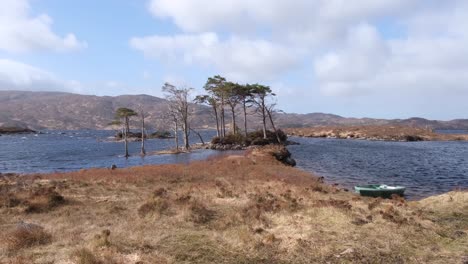 Scenic-view-of-Lewisian-gneiss-landscape-overlooking-Loch-Inver-water,-golden-tussock-grasses-and-mountainous-terrain-in-the-highlands-of-Scotland-UK