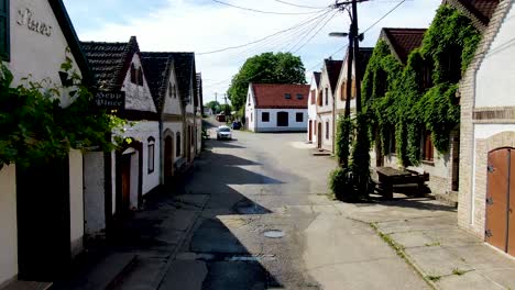 Quaint-street-in-Hajos,-Hungary-with-charming-houses-and-ivy-covered-walls,-summer-day