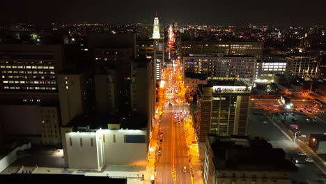 Aerial-fly-above-traffic-at-night