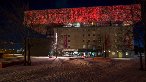 Panorama-Of-Rockheim-Pop-Music-Museum-In-Trondheim,-Norway-At-Night