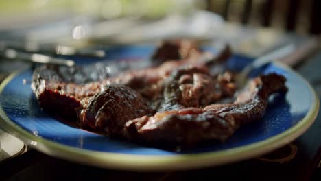 Ein-Steak-Auf-Einem-Blauen-Teller-Im-Garten