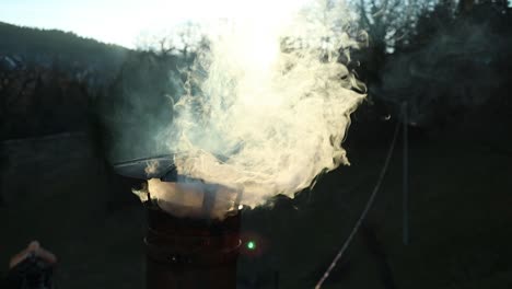 polluting-smoke-comes-out-of-a-chimney-and-disperses-into-the-atmosphere,-backlight-close-up-shot