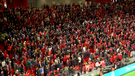 Close-up-of-supporters-of-Albanian-national-team-dressed-in-red-and-black,-watching-European-qualifying-football-match-with-France