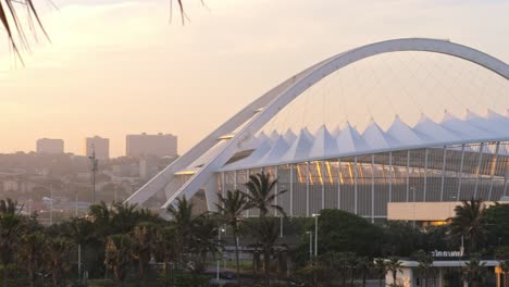 Establishing-Shot-of-the-Moses-Mabhida-Stadium-at-Sunset,-Durban,-South-Africa