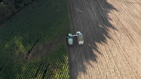 4K-Luftaufnahme-Von-Oben-Eines-Mähdreschers,-Der-Mais-In-Einen-Lastwagen-Hackt