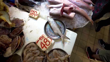Hong-Kong-Fish-Market,-Seashells,-Fishes-and-Shrimps-on-Seller-Display-Table,-Top-Down-View