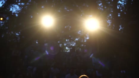 slow-reveal-of-a-girl-with-a-guitar-performing-to-an-audience-outdoors,-lens-flare,-pan-down-to-forest