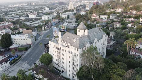 Rising-up-and-looking-down-over-Chateau-Marmont-in-Los-Angeles-California-during-golden-hour