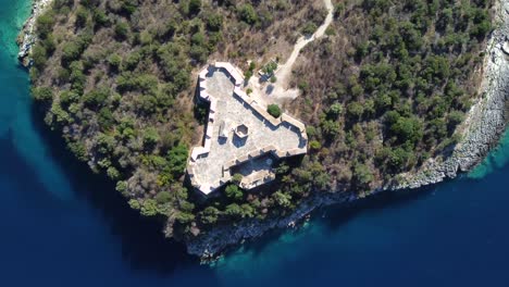 Drone-shot-of-a-former-Ottoman-castle---drone-is-descending-towards-the-top-of-the-castle