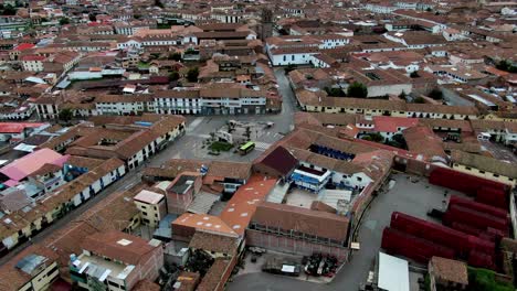 Daytime-4k-Aerial-footage-over-Plaza-Limacpampa-and-Avenida-Arcopunco-in-Cusco-City,-Peru-during-Coronavirus-lockdown,-tilt-down-and-wide-angle-shot