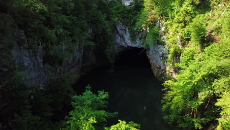 Drone-view-of-Cerknica-Cave,-Slovenia,-with-a-river-flowing-in,-surrounded-by-a-forest