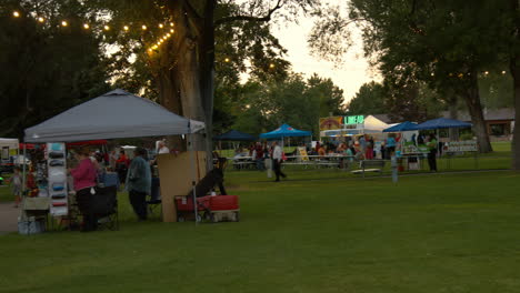 Una-Toma-Amplia-De-Una-Feria-De-Negocios-Local-Y-Un-Mercado-De-Agricultores-En-El-Pequeño-Parque-De-La-Ciudad-Por-Las-Noches