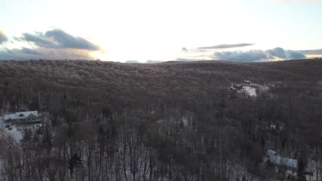 Aerial-view-of-a-cold-barren-forest-landscape-with-a-blue-and-orange-sky-while-the-sun-sets