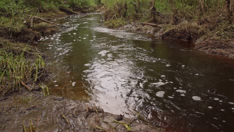 Wasser,-Das-Von-Der-Kamera-Weg-Durch-Einen-Von-Bäumen-Beschatteten-Wasserlauf-Und-Um-Eine-Biegung-Des-Kanals-Fließt