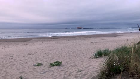 Looking-out-from-the-beach,-smoke-from-a-fire-passes-in-front-of-the-camera-as-a-ship-pulls-a-huge-barge-of-wood-chips-out-to-the-pacific-ocean-from-Coos-Bay,-Oregon