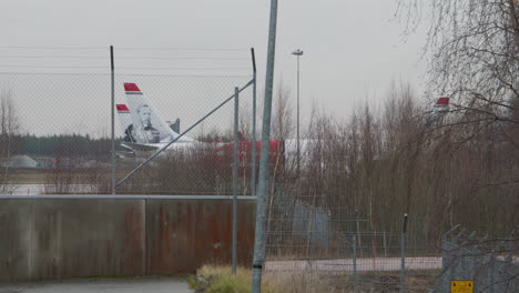 Static-shot-of-grounded-Norwegian-Boeings-737-in-the-airport-of-Stockholm