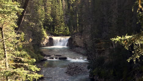 Ein-Bach-Mitten-Im-Wald,-Mit-Einem-Großen-Wasserfall-Im-Hintergrund